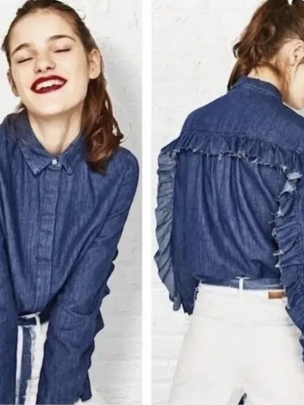 Zara Denim Ruffle-Back Button-Down Shirt - Blue